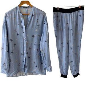 Tibi Button Shirt Jogger PJ Pajama Set Womens M Blue Animal Print Cupro Novelty